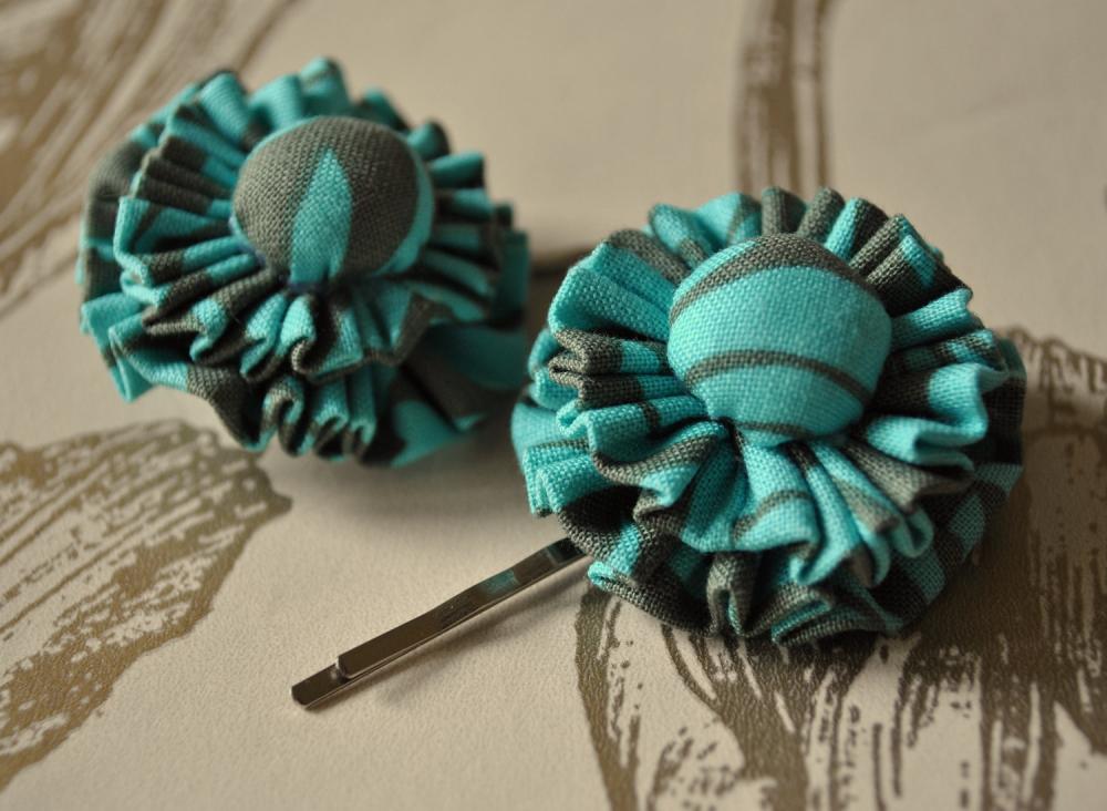 25% Off Deep Teal And Grey Uk Handmade Ruffle Corsage Hair Slides In Amy Butler Daisy Chain In Forest